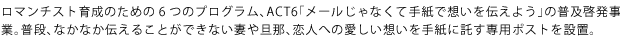 ロマンチスト育成のための6つのプログラム、ACT6「メールじゃなくて手紙で想いを伝えよう」の普及啓発事業。普段、なかなか伝えることができない妻や旦那、恋人への愛しい想いを手紙に託す専用ポストを設置。